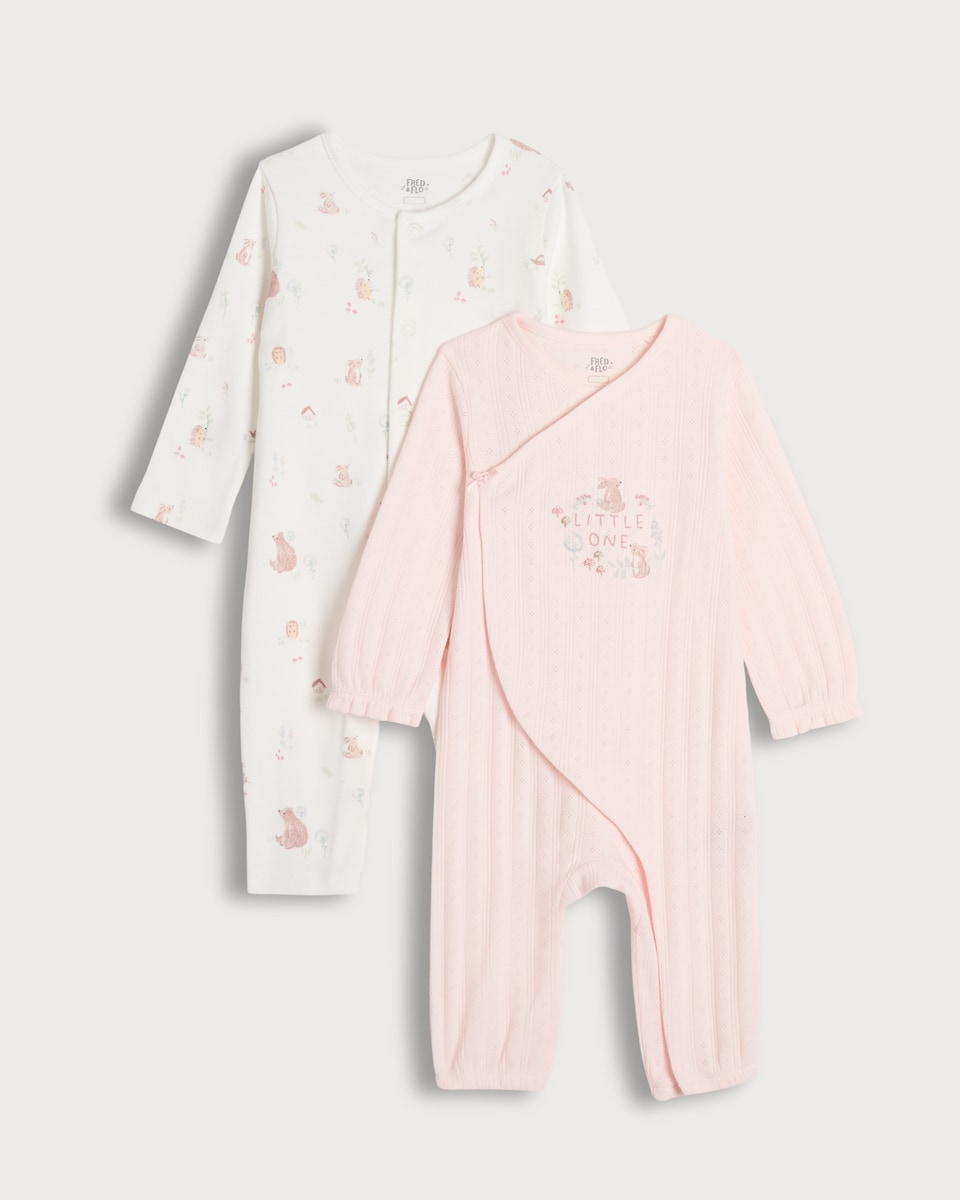 image 1 of F&F Baby 2-Pack Pure Cotton Embroidered Long Sleeved Footless Sleepsuits in Multi Pink