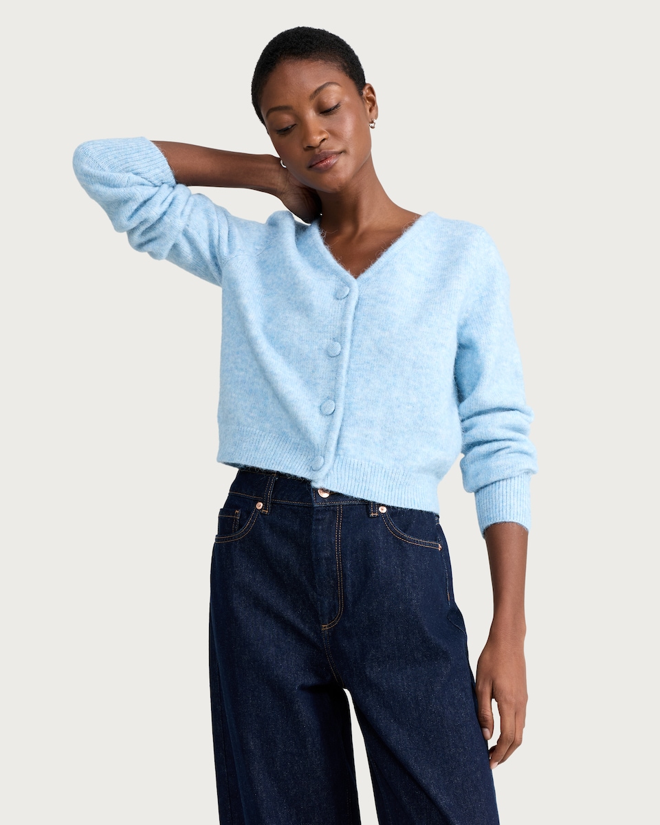 image 1 of F&F Knitted Fluffy V Neck Cardigan in Blue