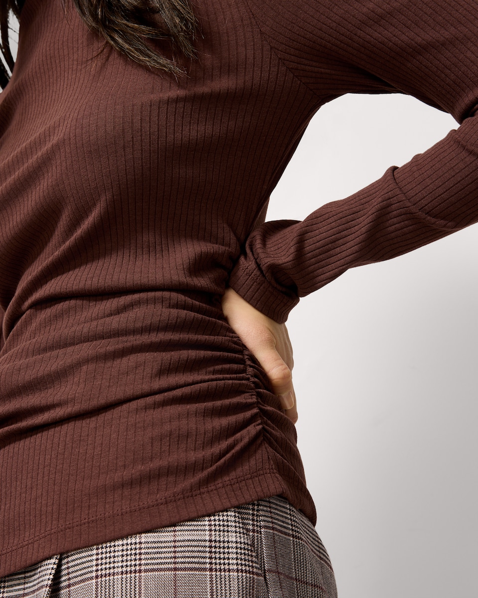image 1 of F&F Cotton Blend Ribbed Ruched Side Top in Brown