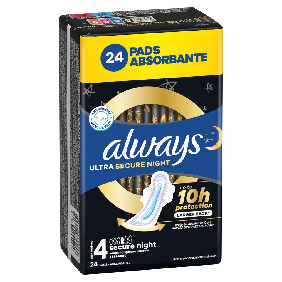 Obrázek 1 pro produkt Always, Ultra Secure Night (Velikost 4) Hygienické Vložky, Křidélka x 24, Vložky
