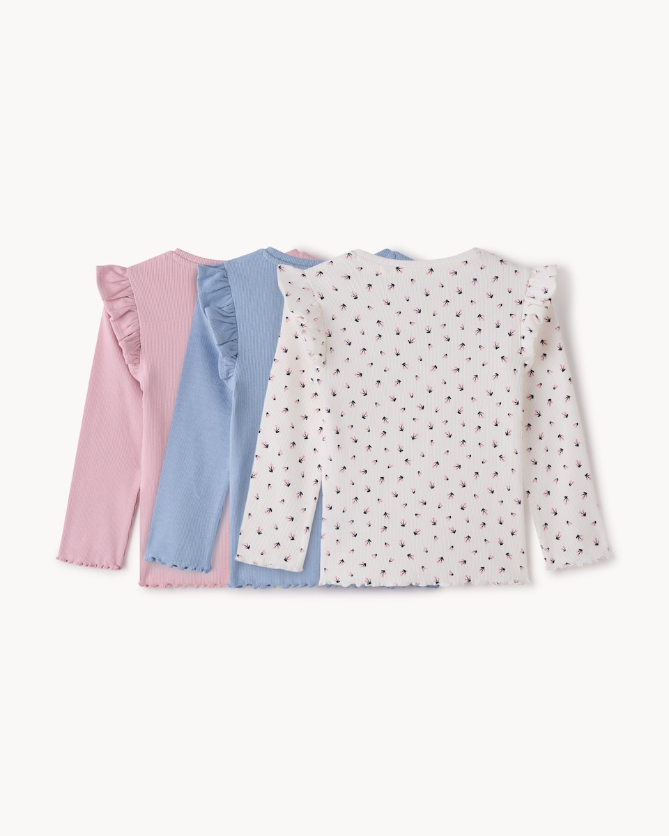 image 1 of F&F Girls 3-Pack Cotton-Rich Floral Long Sleeved Tops in Multi Blue