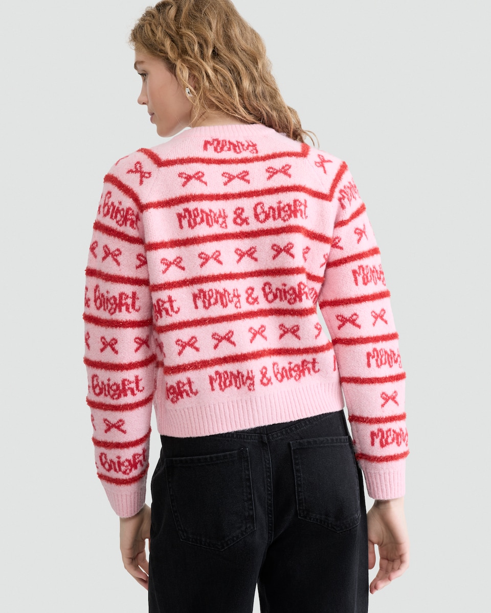 image 1 of F&F Knitted Merry & Bright Button Front Cardigan in Pink