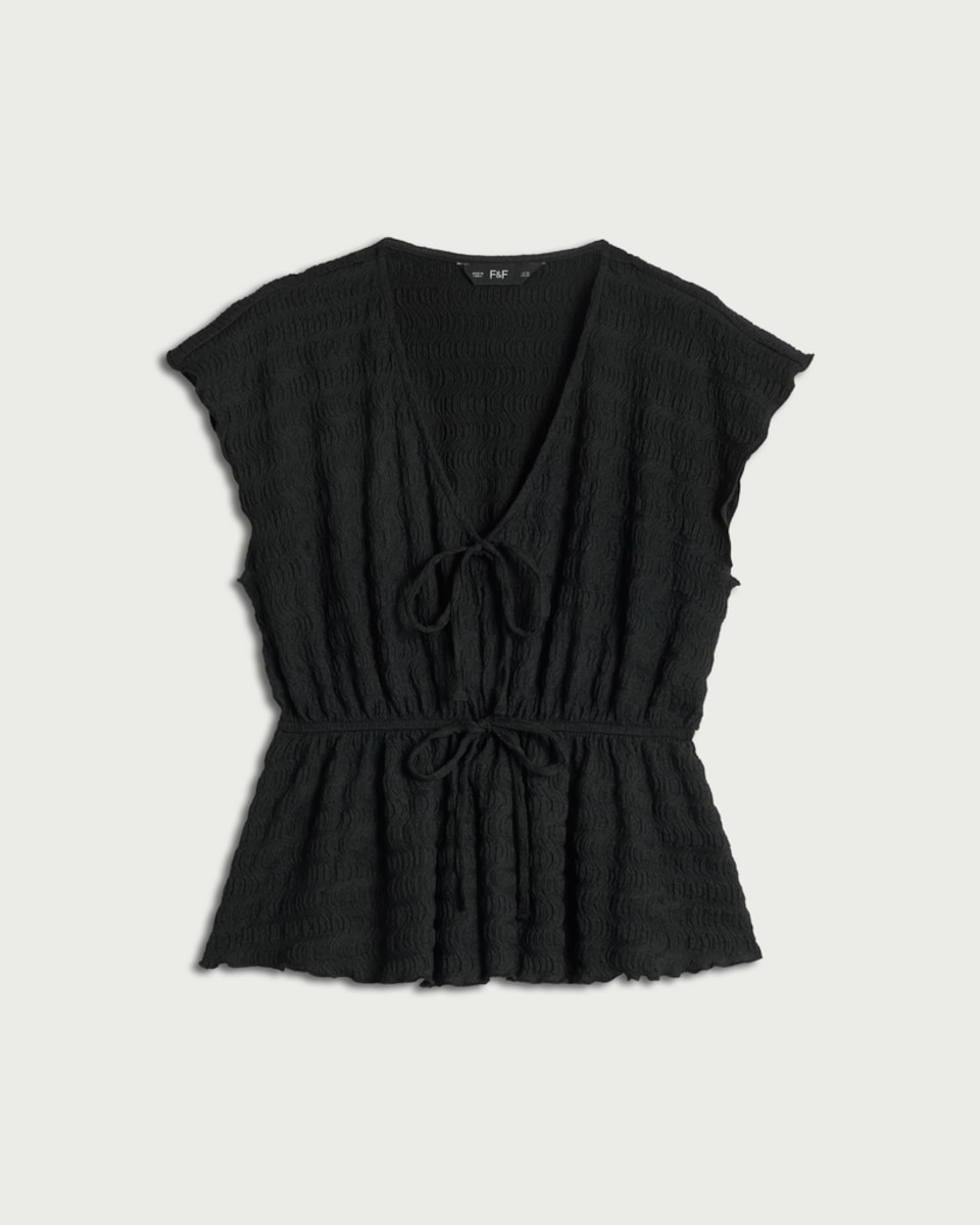 image 1 of F&F Textured Tie Front Waisted Co-ord Top in Black