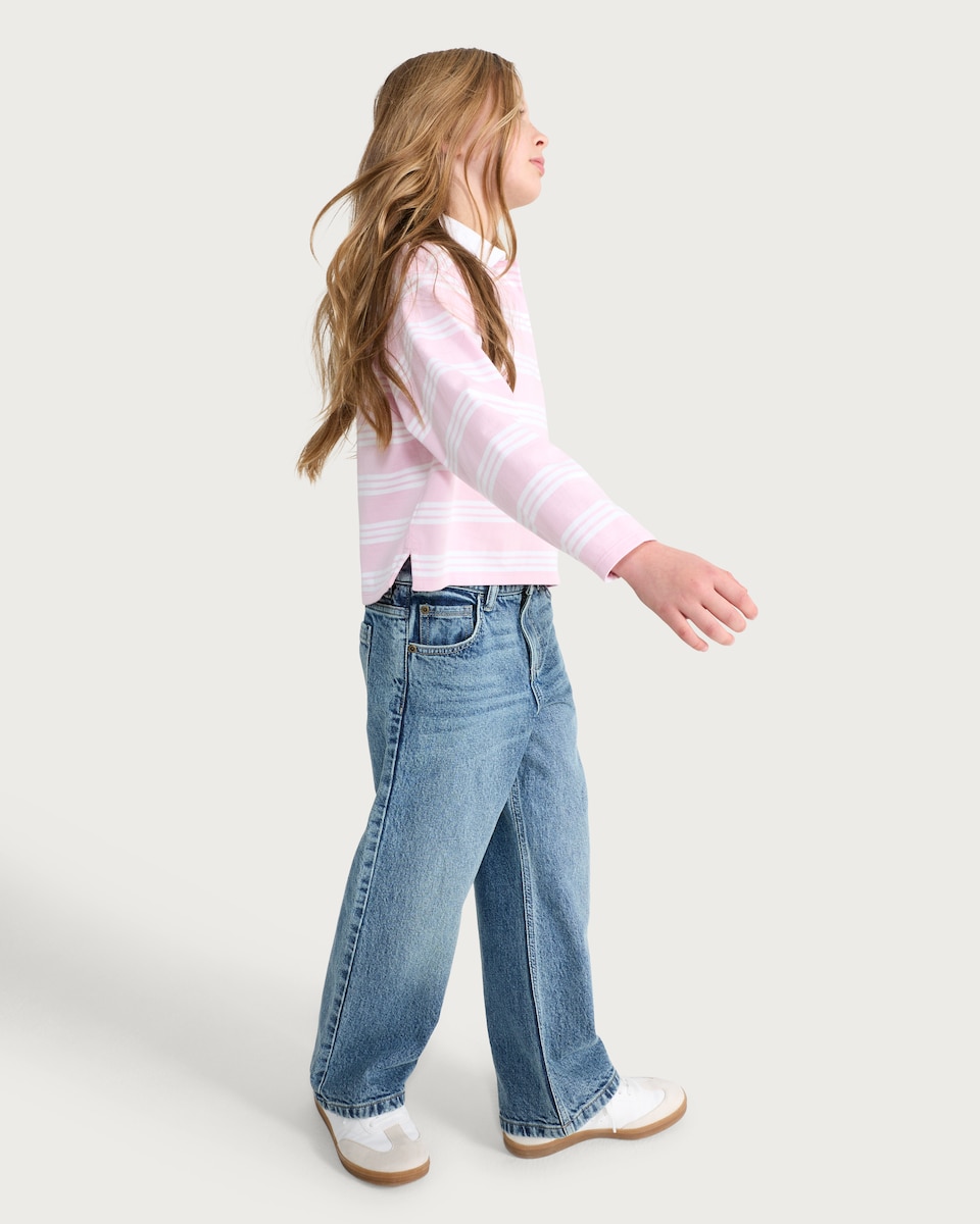 image 1 of F&F Girls Pure Cotton Stripe Print Long Sleeved Rugby Shirt in Multi