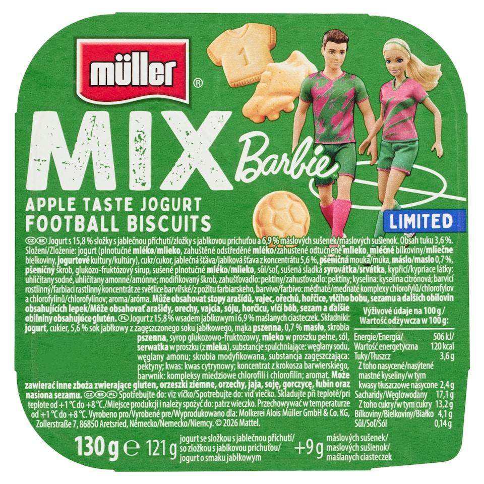 obrázok 1 z Müller Mix Barbie jogurt s jablkovou príchuťou a maslovými sušienkami 130 g