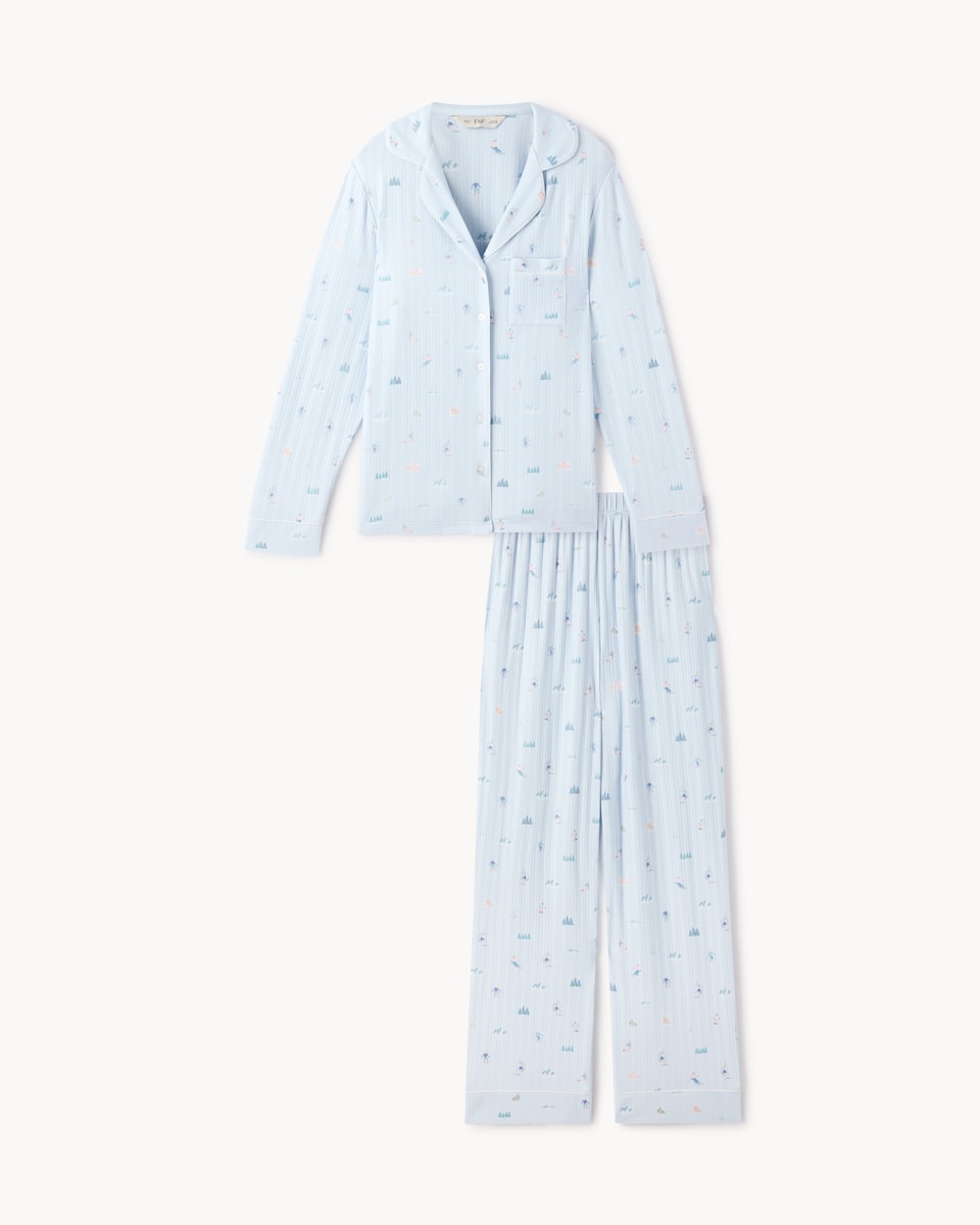 image 1 of F&F Ski Print Revere Pyjama Set in Blue