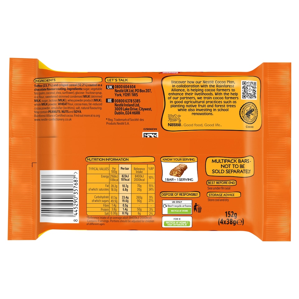 image 1 of Toffee Crisp Milk Chocolate Bar Multipack 38g 4 Pack