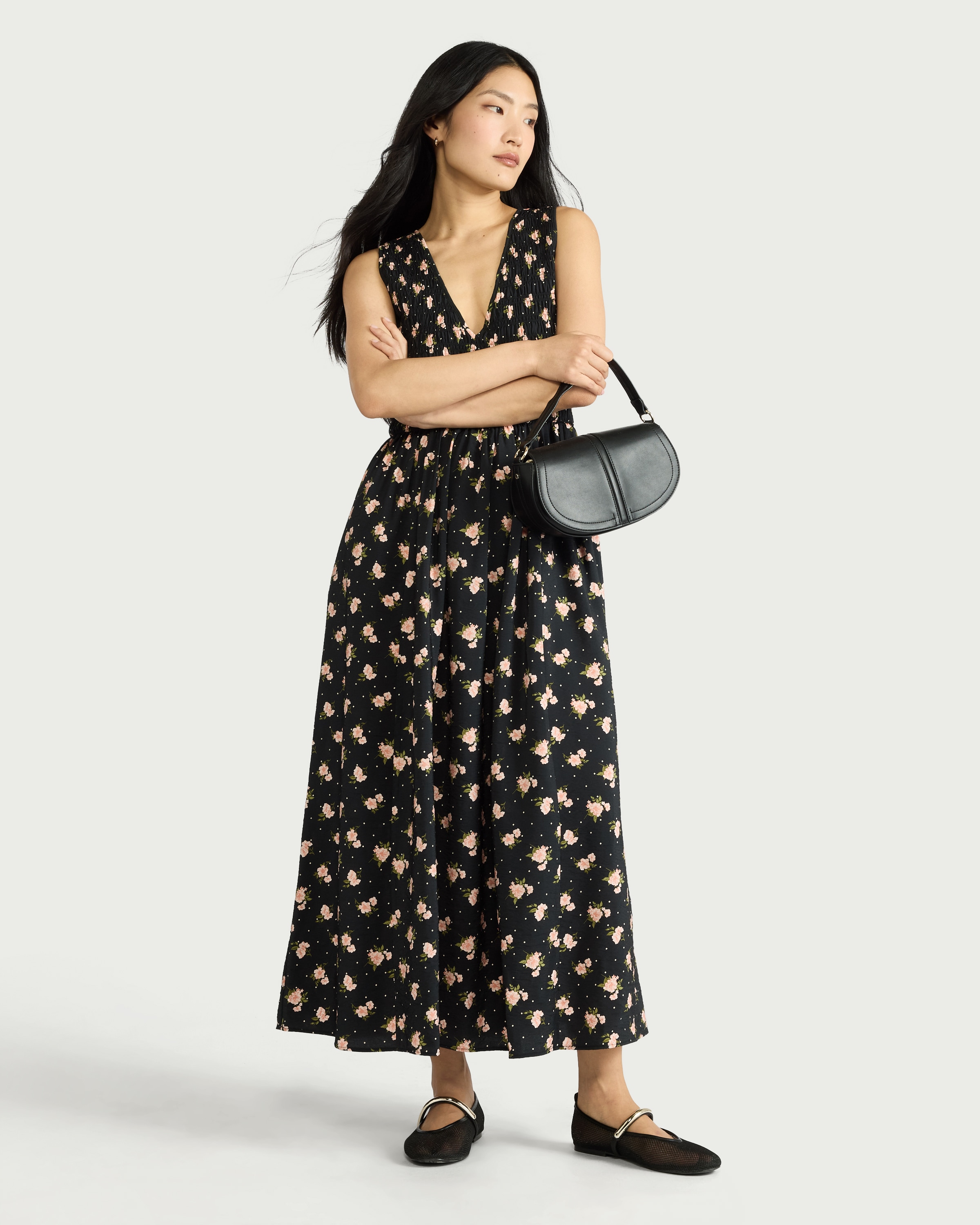 F&F Shirred V Neck Midi Dress in Multi Black