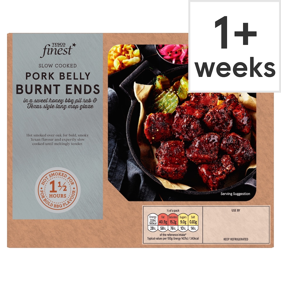 Tesco Finest Slow Cooked Pork Belly Burnt Ends in a Sweet Honey BBQ Pit Rub & Texas Style Tang Mop Glaze 410G