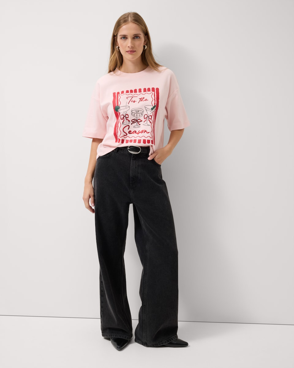 image 1 of Christmas Pure Cotton Sequin T-Shirt in Pink
