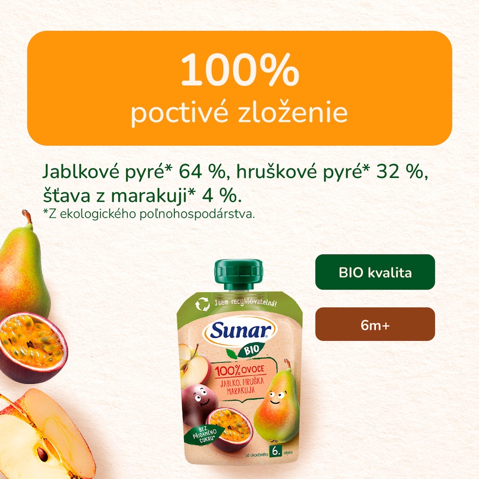 obrázok 1 z Sunar BIO ovocná kapsička Jablko, hruška, marakuja 6m+, 100 g