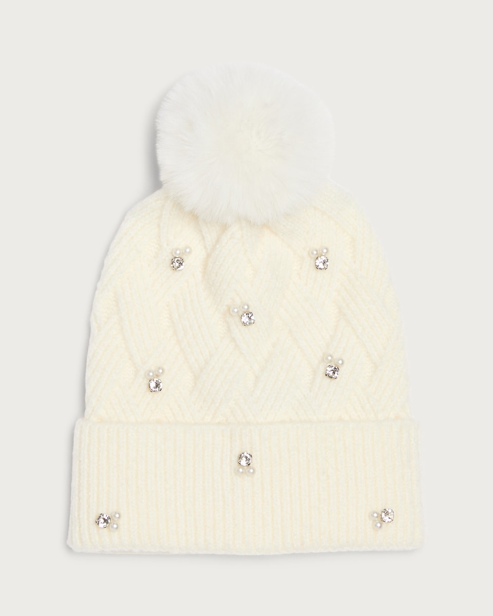 F&F Knitted Embellished Pom Pom Beanie Hat in Cream