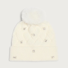 F&F Knitted Embellished Pom Pom Beanie Hat in Cream