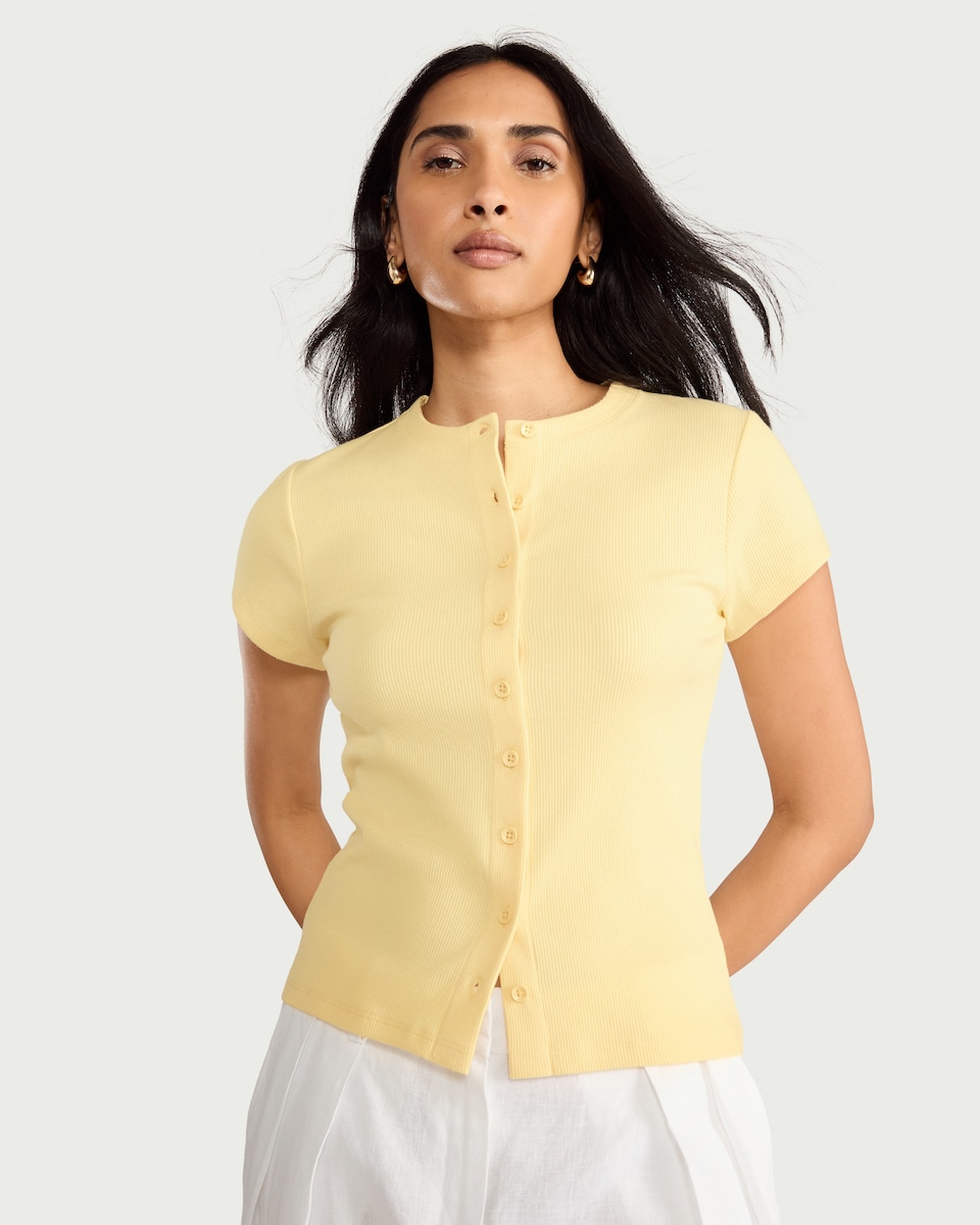 image 1 of F&F Cotton Rich Ribbed Button Up Top in Yellow