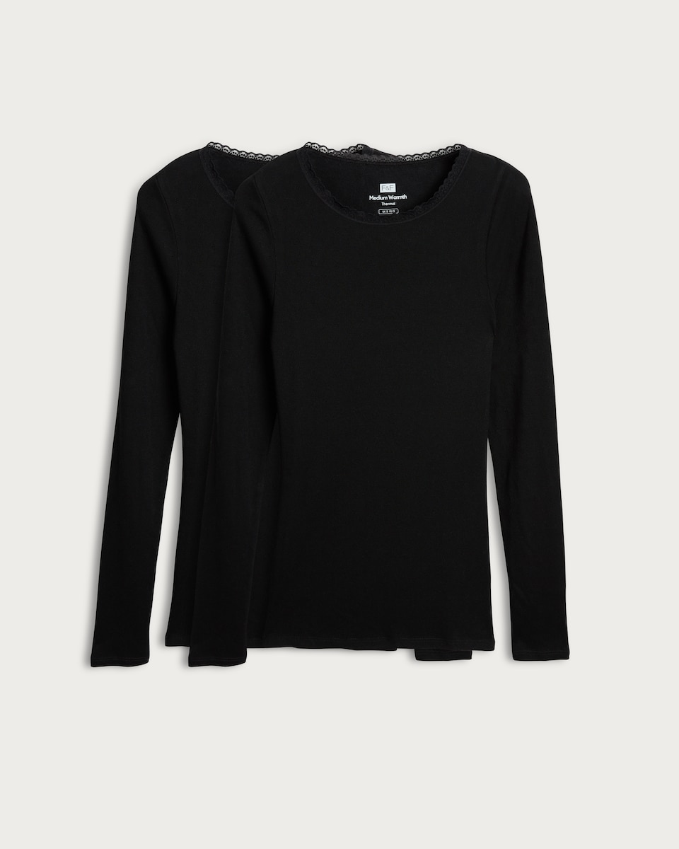 image 1 of F&F 2-Pack WARMPLUS™ Medium Warmth Long Sleeved Pointelle Thermal Tops in Black