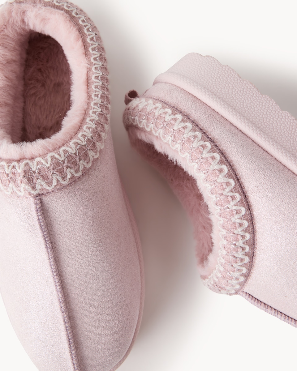 image 1 of F&F Girls Faux Fur Lined Embroidered Mule Slippers in Pink