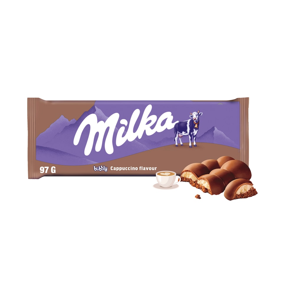 Milka čokoláda Bubbly mléčná z alpského mléka s náplní s příchutí Cappuccino, s bublinkami 97g