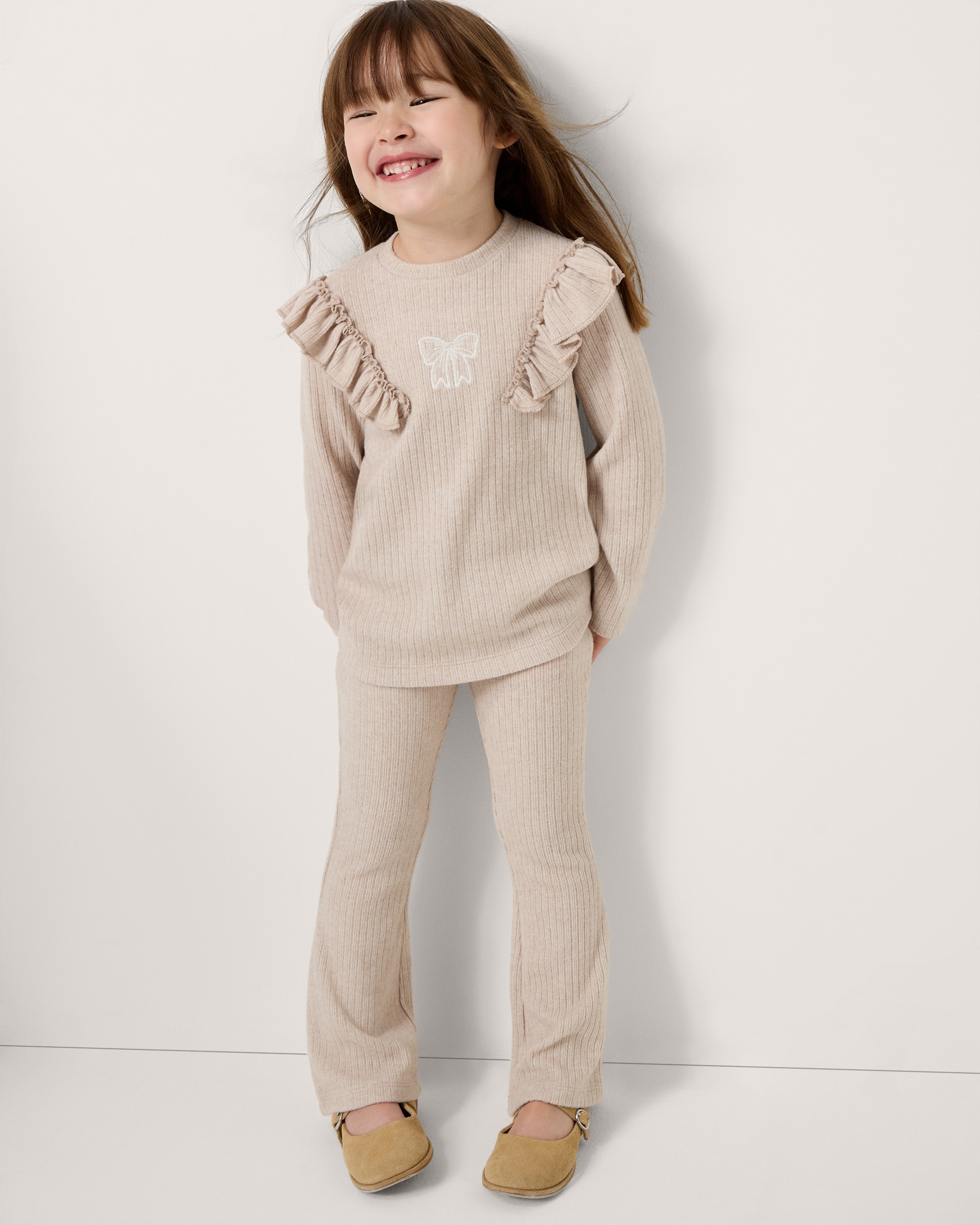 F&F Girls Ribbed Top and Flared Leggings Set in Tan