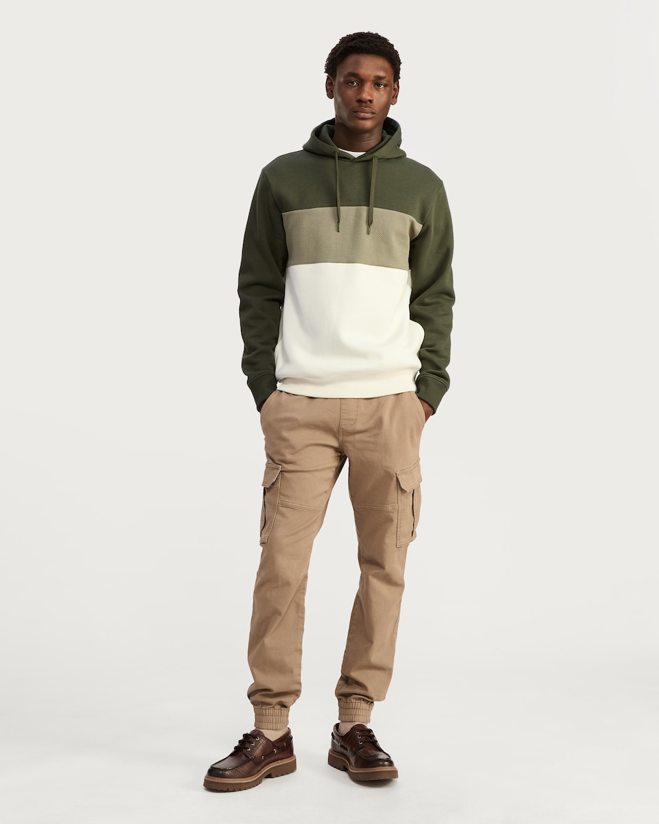 image 1 of F&F Textured Cotton Rich Colour Block Drawstring Hoodie in Khaki