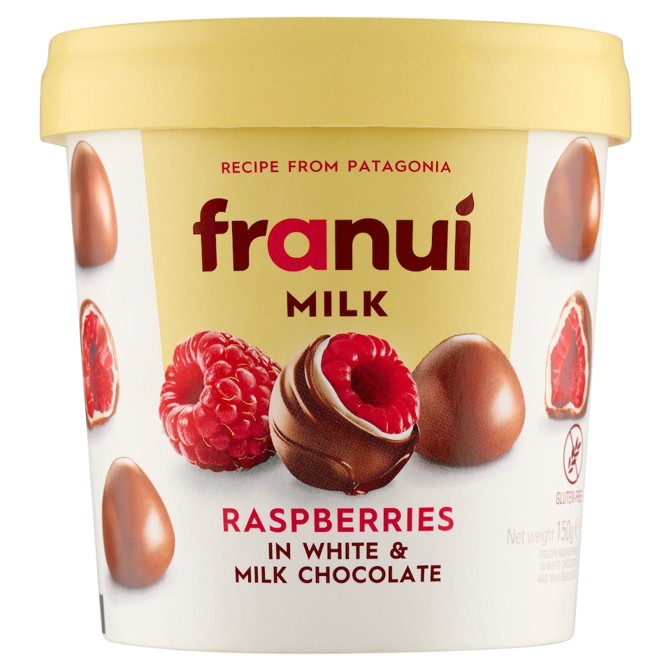 Obrázek 1 pro produkt franuí Zmražené maliny s polevou z bílé čokolády a mléčné čokolády 150g