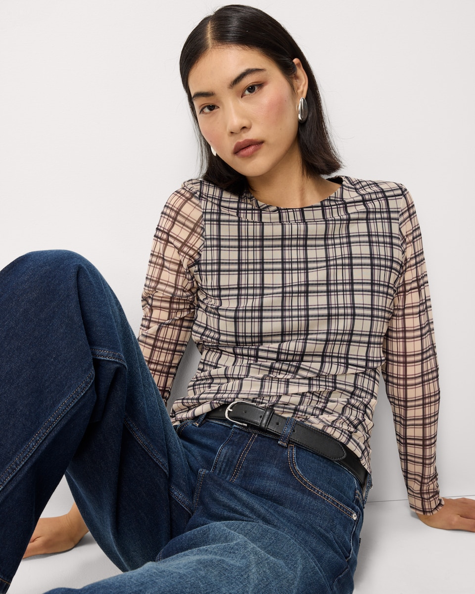 image 1 of F&F Mesh Checked Top in Chocolate