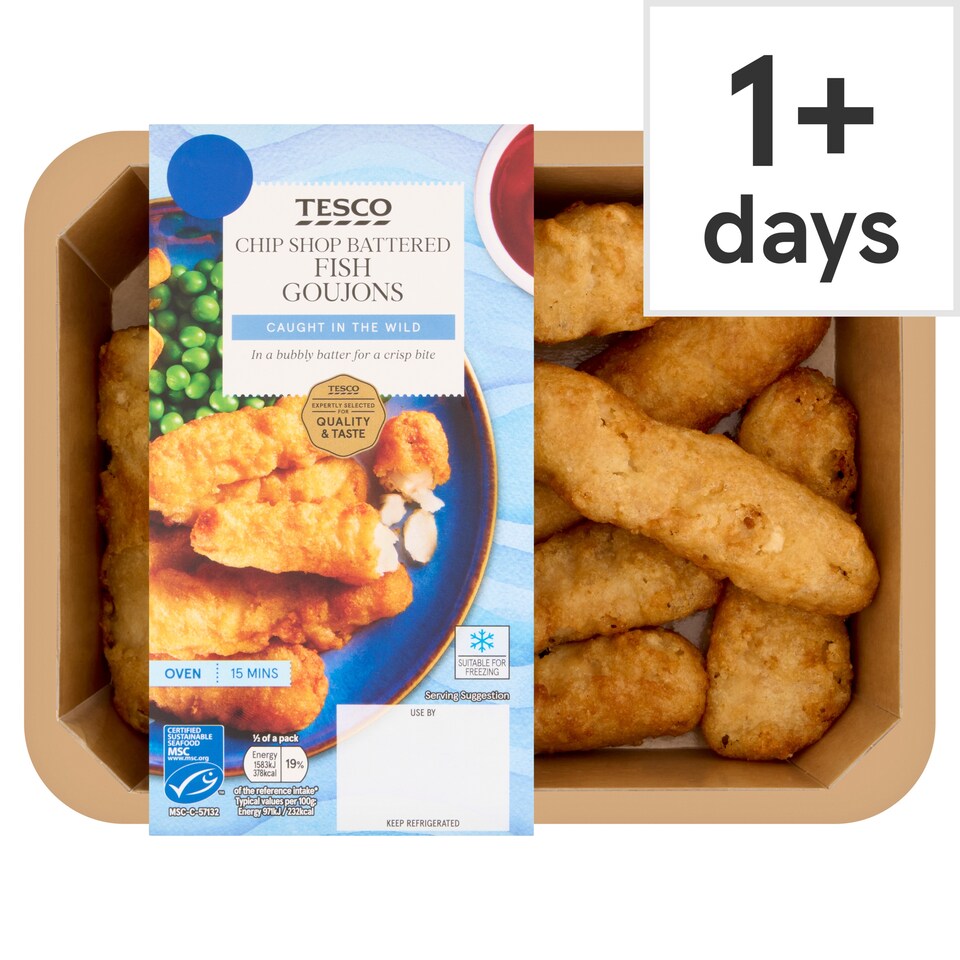 TESCO CHIP SHOP BATTERED FISH GOUJONS 350g