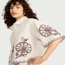 F&F Pure Cotton Floral Embroidered Co-ord Shirt in Ivory