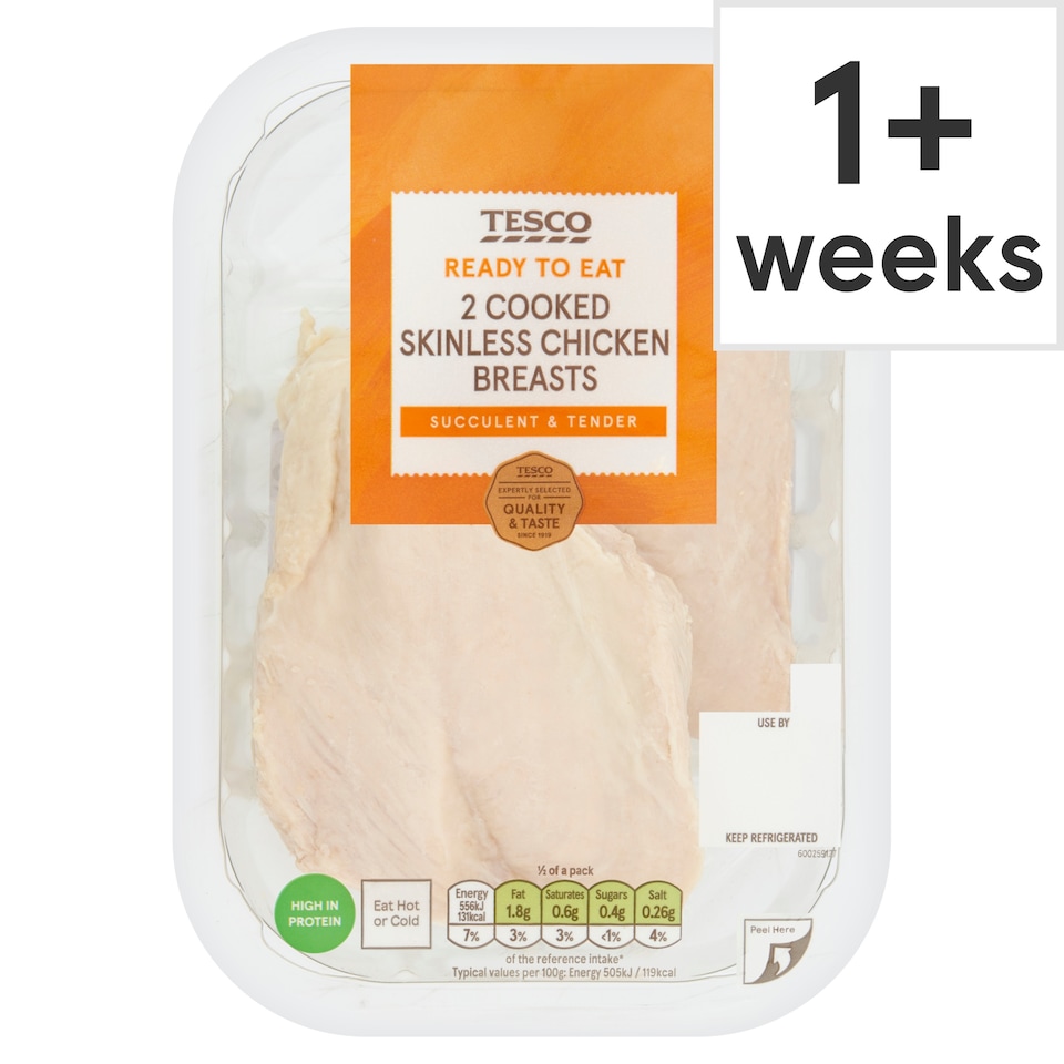 Tesco 2 Cooked Skinless Chicken Breast Fillets 220G