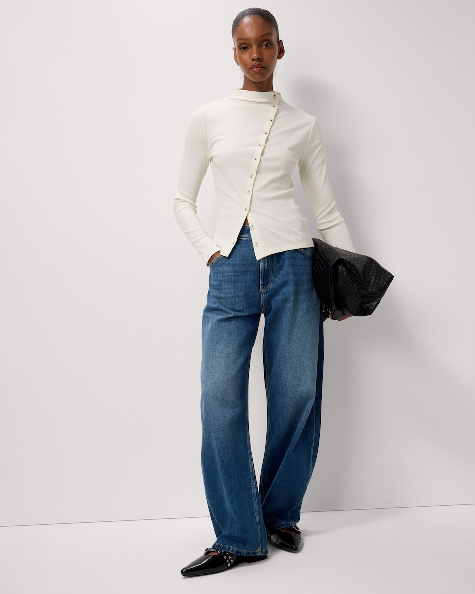 image 1 of F&F High Neck Asymmetric Button Top in Cream