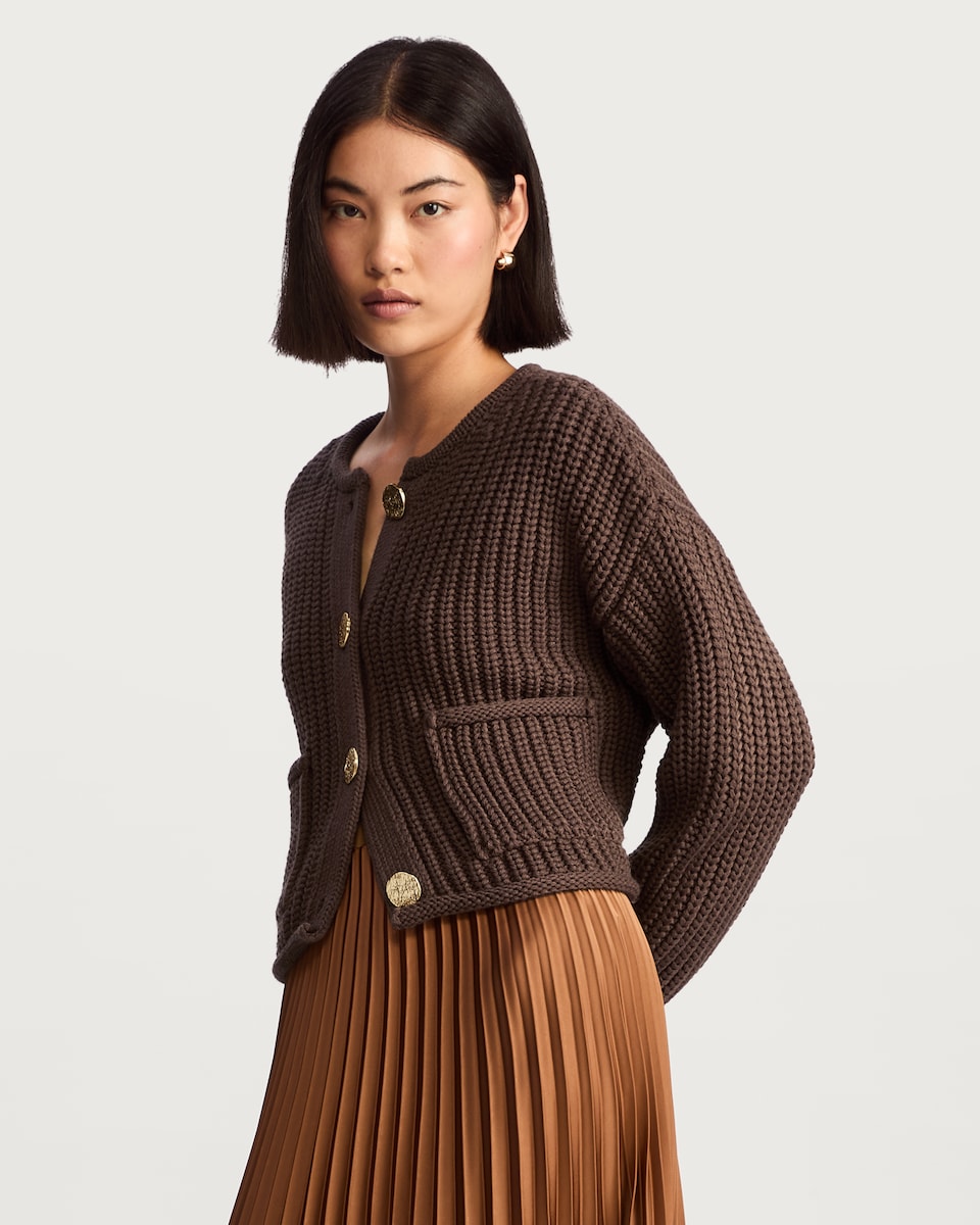 image 1 of F&F Textured Gold Button Chunky Cardigan in Brown