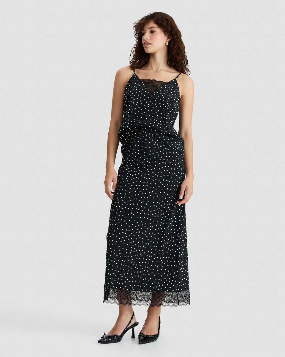 image 1 of F&F Lace Hem Polka Dot Midi Skirt in Multi Black