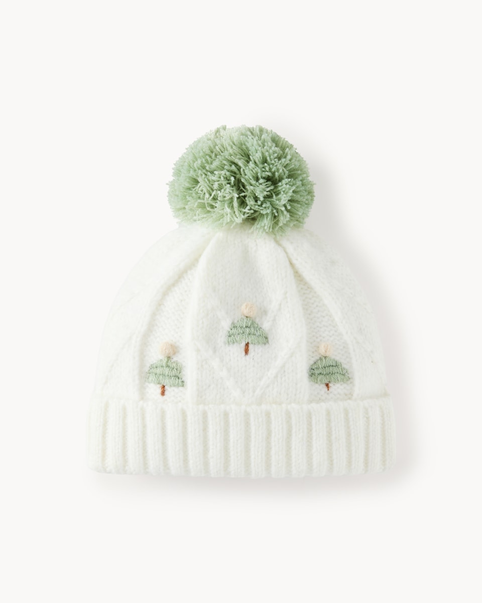 image 1 of Christmas Baby Cable Knit Tree Pom Pom Hat in Cream
