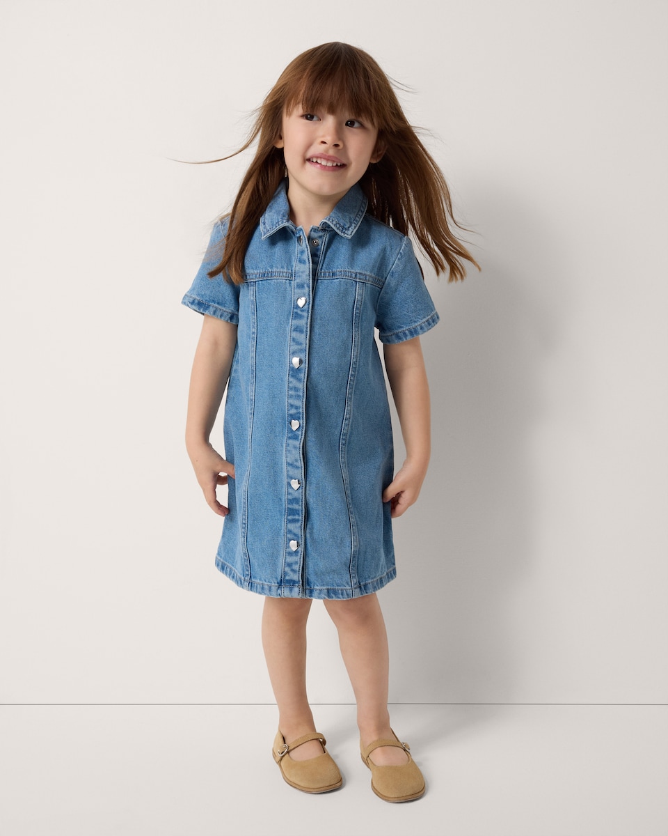 image 1 of F&F Girls Pure Cotton Denim Shirt Dress in Blue