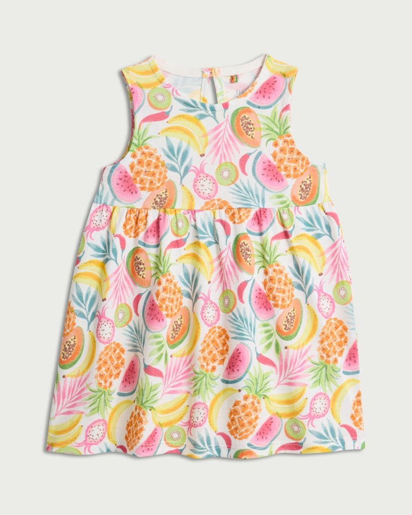 F&F Baby Pure Cotton Tropical Fruit Print Sleeveless Dress in Cream