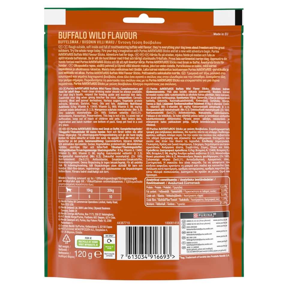 image 1 of Adventuros Sticks Dog Treats Buffalo Flavour 120g
