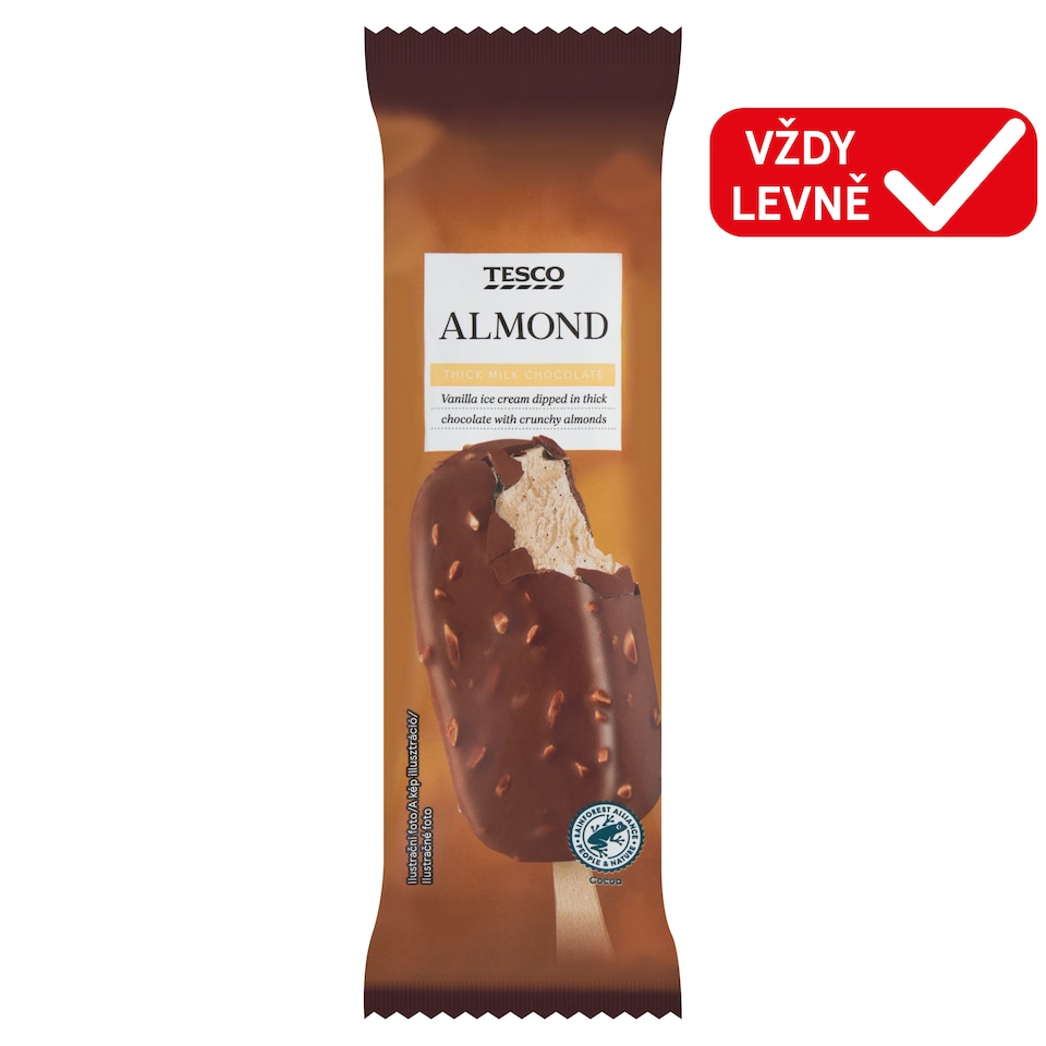 Tesco Mražený krém s rostlinným tukem vanilkový, v mléčné čokoládě s praženými kousky mandlí 120ml
