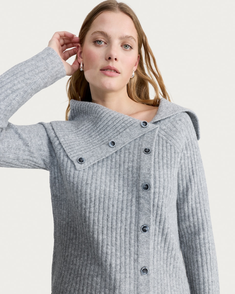 image 1 of F&F Ribbed Button Up Bardot Jumper in Grey