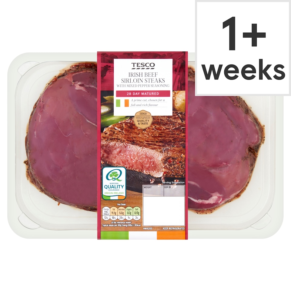 Tesco Irish Sirloin Steaks With Mixed Pepper Ssing 335G