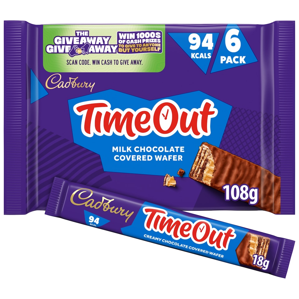Cadbury Timeout Wafer Chocolate Biscuit Bars 6 Pack 108g