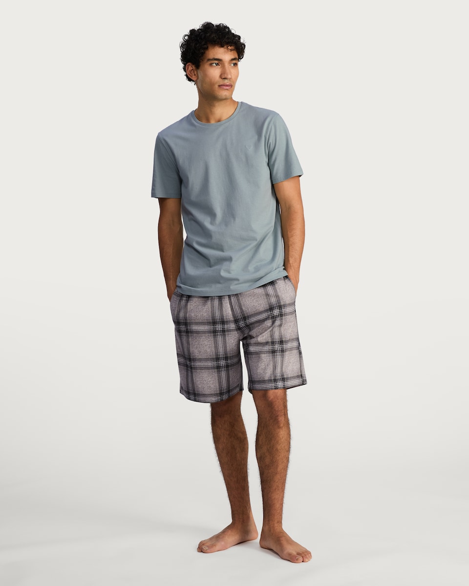 image 1 of F&F Fleece Shorts Check Pyjama Set in Grey