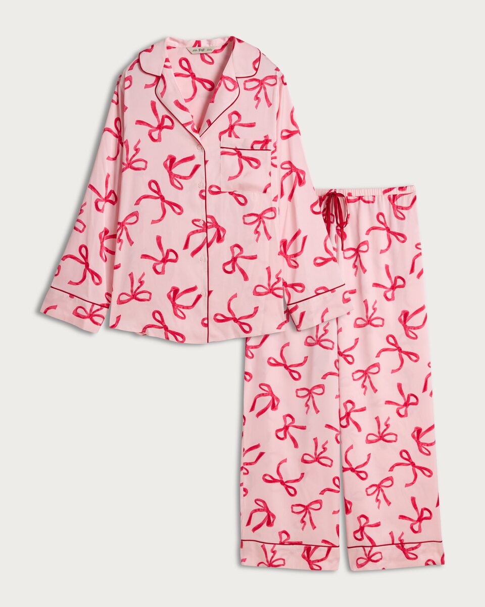 F&F Satin Bow Print Shirt and Trousers Pyjamas in Pink