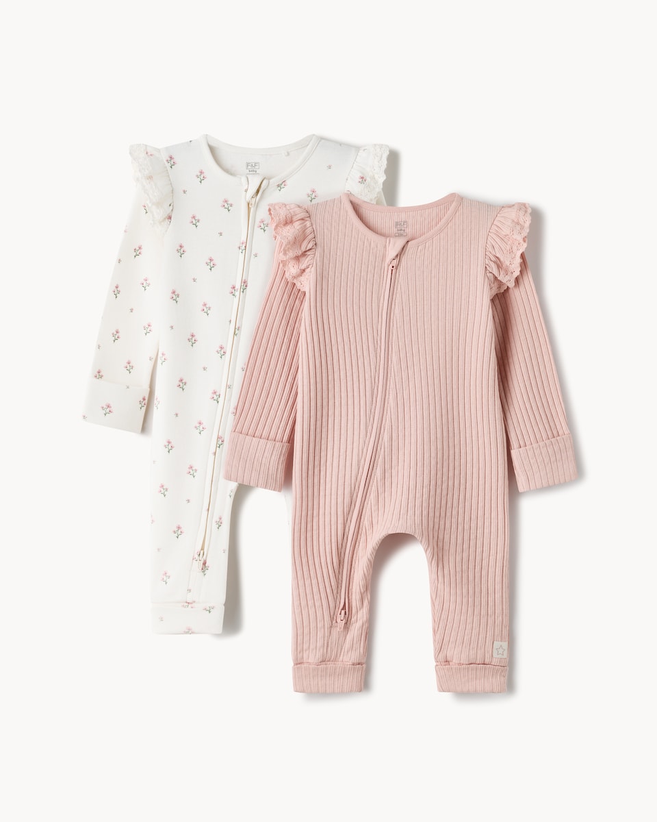 image 1 of F&F Baby 2-Pack Cotton Rich Frill Sleepsuits in Mink