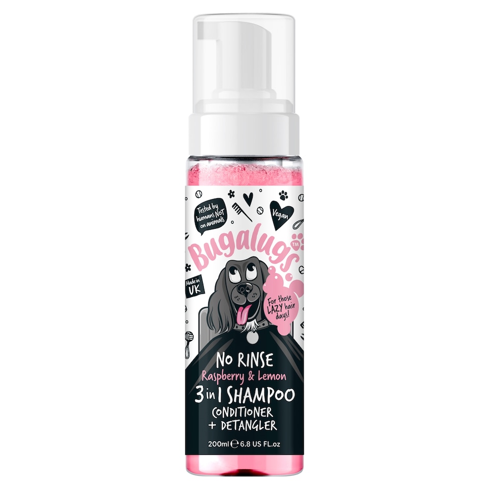 Bugalugs No Rinse 3 in 1 Dog Shampoo, Conditioner & Detangler with Raspberry & Lemon 200ml