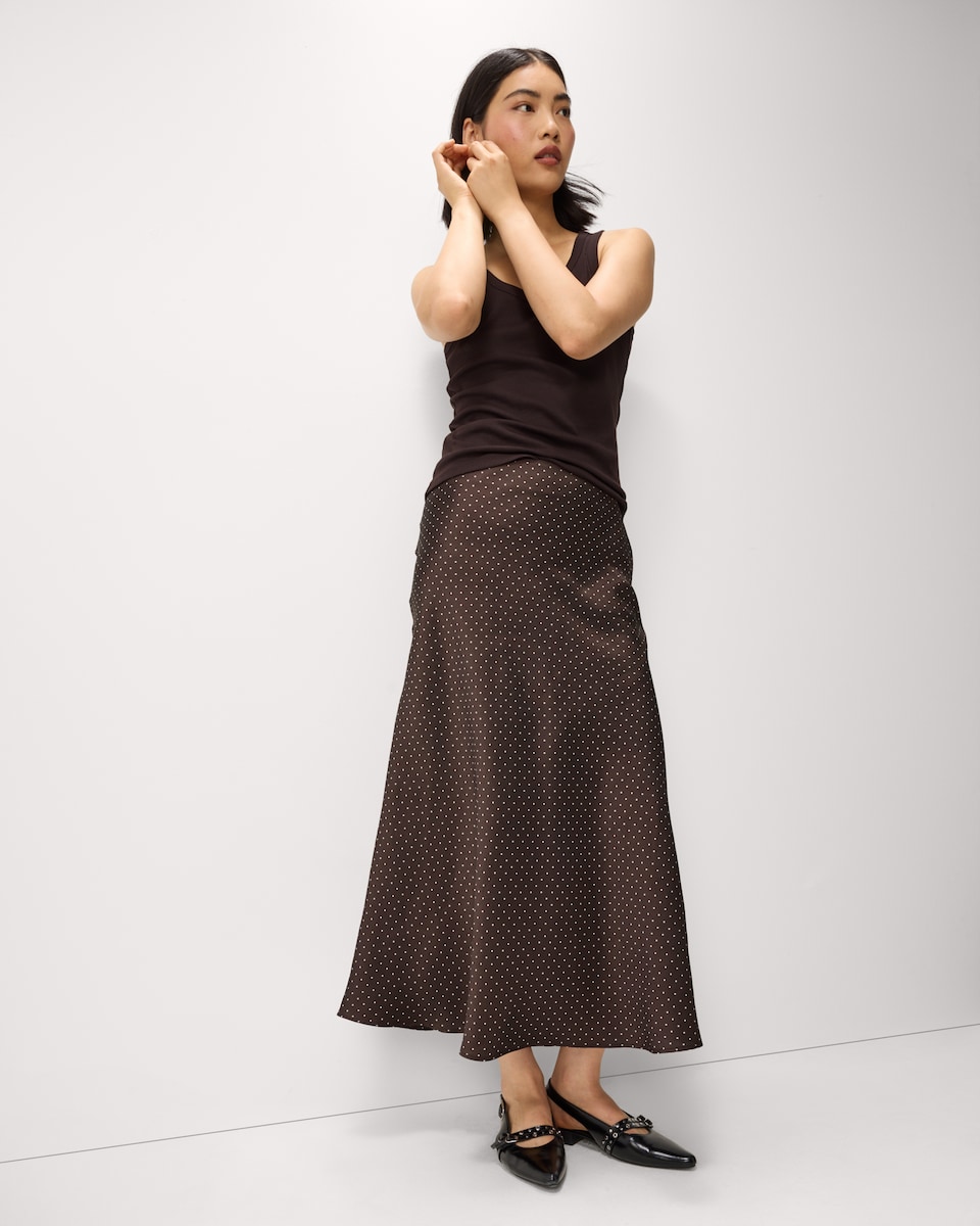 image 1 of F&F Satin Polka Dot Midi Skirt in Chocolate