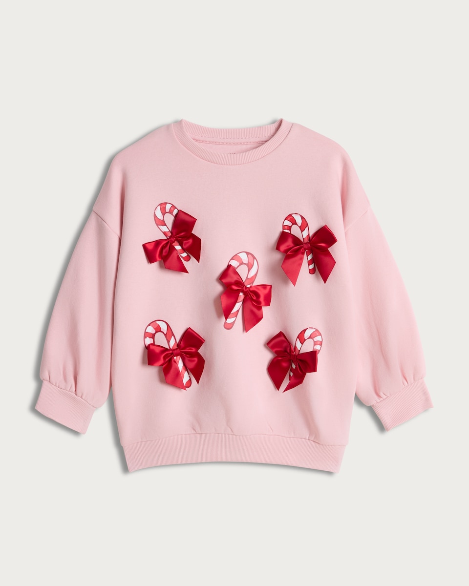F&F Girls Cotton Rich Candy Cane Bow Sweatshirt in Pink