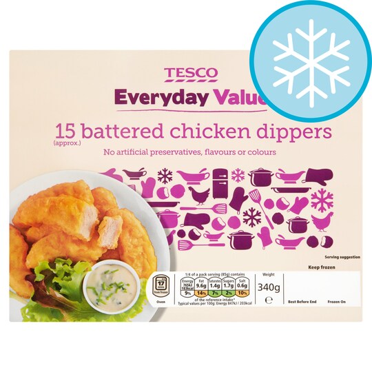 T. EDAY VALUE 15 BATTERED CHICKEN DIPPERS 340G