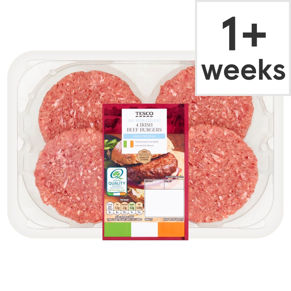 Tesco Irish 50% Reduced Fat Beef Burgers 454G