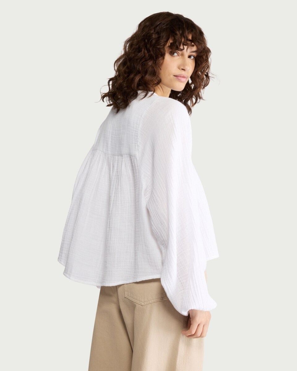 image 1 of F&F Pure Cotton Double Cloth Embroidered Button Front Blouse in White