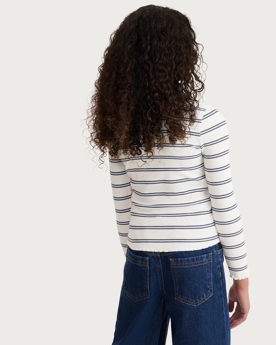 image 1 of F&F Girls Cotton Rich Stripe Print Lace Trim Long Sleeved Top in Multi White