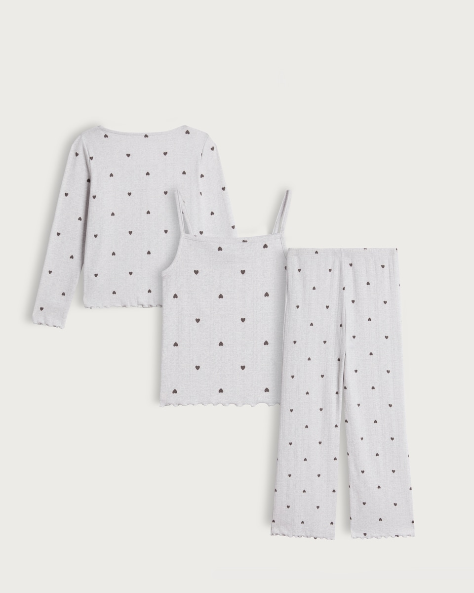 image 1 of F&F Girls 3-Piece Pointelle Heart Print Pyjama Set in White Multi